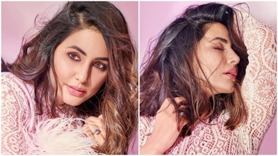 Hina's midi-length dress comes in a figure-hugging silhouette accentuating the star's curves and creating a dreamy vibe. Additionally, the intricately embroidered lace overlay in geometric patterns, placed over a nude backdrop, creates a head-turning look. (Instagram/@realhinakhan) Hina's midi-length dress comes in a figure-hugging silhouette accentuating the star's curves and creating a dreamy vibe. Additionally, the intricately embroidered lace overlay in geometric patterns, placed over a nude backdrop, creates a head-turning look. (Instagram/@realhinakhan)