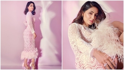 On Tuesday, Hina's stylist Sayali Vidya took to Instagram to share snaps of Hina serving stunning poses for the camera, dressed in a white lace dress. Earlier, Hina had shared several pictures in the same ensemble and captioned them, "Hey you, Stop stopping yourself," and "I decide my Vibe." (Instagram/@realhinakhan) On Tuesday, Hina's stylist Sayali Vidya took to Instagram to share snaps of Hina serving stunning poses for the camera, dressed in a white lace dress. Earlier, Hina had shared several pictures in the same ensemble and captioned them, "Hey you, Stop stopping yourself," and "I decide my Vibe." (Instagram/@realhinakhan)
