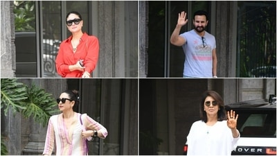 Kareena Kapoor, Saif Ali Khan, Karisma Kapoor, and Neetu Kapoor arrive at Randhir Kapoor's house for Babita's birthday.
