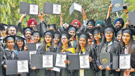 Students in jubilant mood after 2nd convocation of GADVSU in Ludhiana on April 20, 2022. (Harvinder Singh/HT)