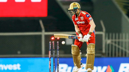 Mayank Agarwal captain of the Punjab Kings gets bowled out by Mustafizur Rahman of the Delhi Capitals(IPL)