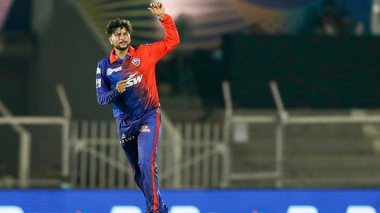 Kuldeep Yadav of Delhi Capitals celebrates the wicket of Nathan Ellis of Punjab Kings(IPL)