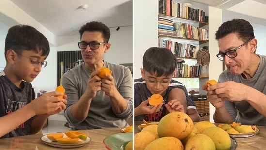 Aamir Khan and Azad Rao Khan enjoy mangoes.&nbsp;