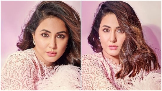 Hina's glam picks with the lace dress include side parted open tresses, blush pink lip shade, subtle eye shadow, sleek eyeliner, kohl-adorned eyes, mascara on the lashes, on-fleek brows, glowing skin, and blushed cheeks.(Instagram/@realhinakhan)