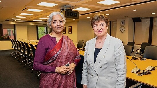 &nbsp;Finance minister Nirmala Sitharaman with IMF chief, Kristalina Georgieva in Washington on Tuesday, April 19, 2022. (ANI Photo)