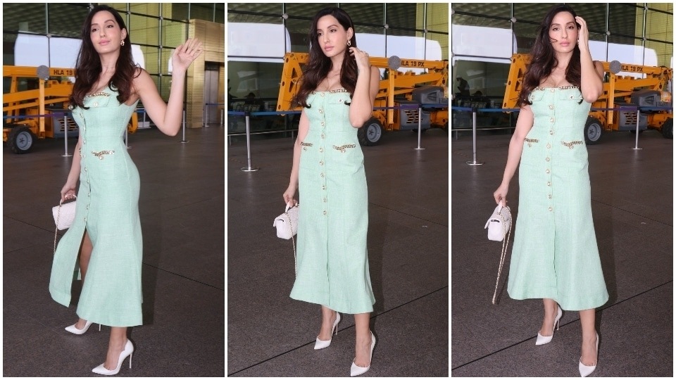 green emerald velvet dress Nora Fatehi in White and Green Print and Highlighted Lehenga Set