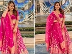 Soha Ali Khan went all traditional and donned a Fuschia pink embroidered lehenga set to the sangeet ceremony of her best friend. She shared several photos of herself in the attire on her Instagram handle.(Instagram/@sakpataudi)