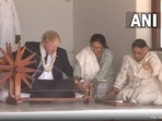 UK Prime Minister Boris Johnson tries his hand on the ‘charkha’ at Sabarmati Ashram in Ahmedabad, Gujarat.(ANI) UK Prime Minister Boris Johnson tries his hand on the ‘charkha’ at Sabarmati Ashram in Ahmedabad, Gujarat.(ANI)