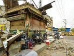 Security personnel a day after the anti-encroachment drive in violence-hit Jahangirpuri, New Delhi , India, on Thursday, April 21, 2022. (Photo by Amal KS/Hindustan Times)