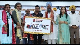 Film director Imtiaz Ali (second from left) and Saurabh Shukla (third from left) at the Chandigarh University Film Festival on Thursday.  (HT Photo)