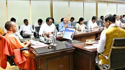 Uttar Pradesh chief minister Yogi Adityanath at a meeting with his ministers and officials in Lucknow on Thursday. (HT PHOTO)