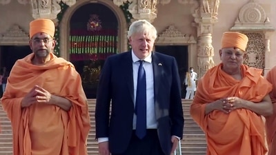 UK Prime Minister Boris Johnson visits Akshardham Temple, in Gandhinagar. (ANI Photo) UK Prime Minister Boris Johnson visits Akshardham Temple, in Gandhinagar. (ANI Photo)