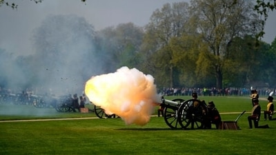 The monarch's birthday is marked by a gun salute in London's Hyde Park. In this photo, members of the King's Troop Royal Artillery can be seen firing a Royal Salute of 42 guns. (AP) The monarch's birthday is marked by a gun salute in London's Hyde Park. In this photo, members of the King's Troop Royal Artillery can be seen firing a Royal Salute of 42 guns. (AP)