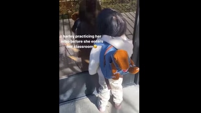 The little girl practising her introduction before going into her classroom in this Instagram video. (Instagram/@harleys.wrld) The little girl practising her introduction before going into her classroom in this Instagram video. (Instagram/@harleys.wrld)