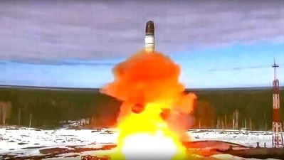 Sarmat intercontinental ballistic missile weighs more than 200 tonnes and is able to transport multiple warheads, more than 10, it is believed. (AP) Sarmat intercontinental ballistic missile weighs more than 200 tonnes and is able to transport multiple warheads, more than 10, it is believed. (AP)