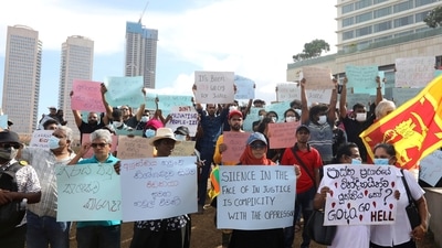 Sri Lankans hold placards demanding justice for the victims of 2019 Easter Sunday attacks outside president's office in Colombo, Sri Lanka. (AP) Sri Lankans hold placards demanding justice for the victims of 2019 Easter Sunday attacks outside president's office in Colombo, Sri Lanka. (AP)