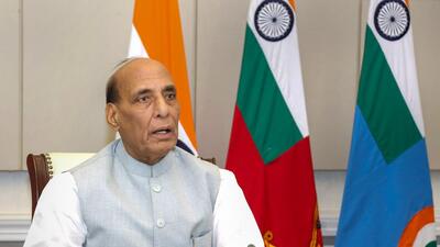 Defence minister Rajnath Singh addressing American Chamber of Commerce in India. (PTI) Defence minister Rajnath Singh addressing American Chamber of Commerce in India. (PTI)