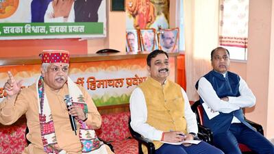 BJP national general secretary BL Santhosh with Himachal Pradesh chief minister Jai Ram Thakur and party state president Suresh Kashyap (centre) at the party headquarters in Shimla on Thursday. (ANI) BJP national general secretary BL Santhosh with Himachal Pradesh chief minister Jai Ram Thakur and party state president Suresh Kashyap (centre) at the party headquarters in Shimla on Thursday. (ANI)