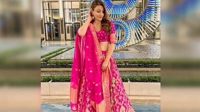 Soha Ali Khan picked this lehenga set from the shelves of the luxury handwoven clothing line from Banaras, Warp 'n Weft by Sagrika Rai. (Instagram/@sakpataudi) Soha Ali Khan picked this lehenga set from the shelves of the luxury handwoven clothing line from Banaras, Warp 'n Weft by Sagrika Rai. (Instagram/@sakpataudi)