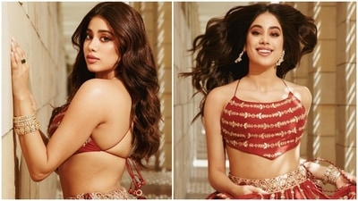Janhvi Kapoor gave bridal attire a cool modern twist in this embellished red lehenga set by by Punit Balana for Lakme Fashion Week. (Instagram/@janhvikapoor) Janhvi Kapoor gave bridal attire a cool modern twist in this embellished red lehenga set by by Punit Balana for Lakme Fashion Week. (Instagram/@janhvikapoor)