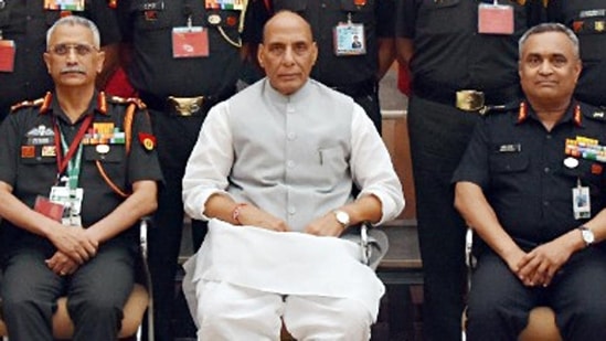 Union defence minister Rajnath Singh with Chief of Army Staff General MM Naravane (Left) and Army chief designate Lieutenant General Manoj Pande at the Army Commanders Conference, in New Delhi on Thursday.&nbsp;((ANI))