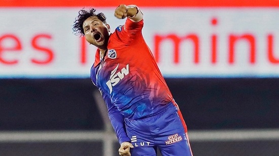 Kuldeep Yadav celebrates after picking a wicket in the IPL 2022 match between Kolkata Knight Riders and Delhi Capitals(IPL)