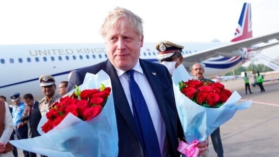 Prime Minister Boris Johnson arrives at the Sarda Vallabhbhai Patel International airport in Ahmedabad, in the state of Gujarat, India.(AP)