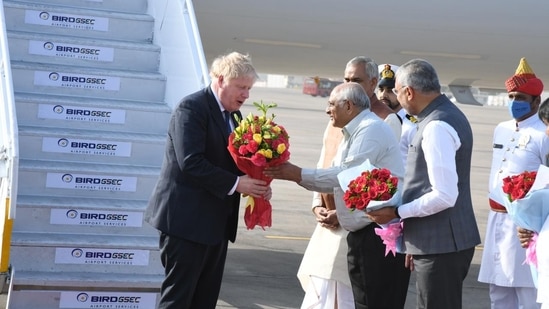 Boris Johnson recieved by Gujarat chief minister Bhupendra Patel at the Ahmedabad airport.