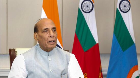 Defence minister Rajnath Singh addressing American Chamber of Commerce in India. (PTI)