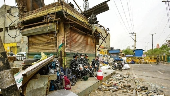 Security personnel a day after the anti-encroachment drive in violence-hit Jahangirpuri, New Delhi , India, on Thursday, April 21, 2022. (Photo by Amal KS/Hindustan Times)