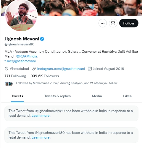 Image grab from Mevani's Twitter account show two of tweets have been withheld.