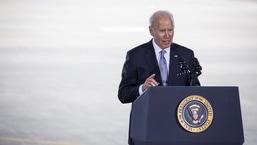 U.S. President Joe Biden speaks about the Bipartisan Infrastructure Law at the Portland Air National Guard Base in Portland, Oregon, U.S., on Thursday, April 21, 2022. Moriah Ratner/Bloomberg