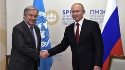 A file photo of UN chief Antonio Guterres and Vladimir Putin's meeting in 2019.&nbsp;