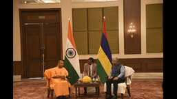 Mauritius Prime Minister Pravind Kumar Jugnauth meeting chief minister Yogi Adityanath in Varanasi on Friday.  He also met governor Anandiben Patel (not in the picture).  (SOURCED)