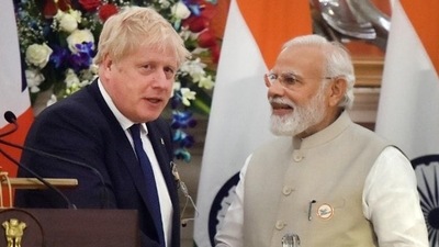Prime Minister Narendra Modi with his British counterpart Boris Johnson at a press conference in New Delhi on Friday. (Raj K Raj/HT PHOTO) Prime Minister Narendra Modi with his British counterpart Boris Johnson at a press conference in New Delhi on Friday. (Raj K Raj/HT PHOTO)