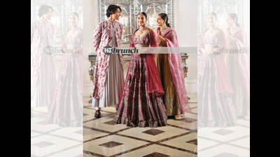Designer Madhu Jain says that in Vedic times, too, marriages were extremely simple. the brides and grooms wore mostly unstitched clothing and the emphasis was on gold ornaments; Location courtesy: The Leela Palace, New Delhi; Styling by Drishti Vij; Art direction: Amit Malik; Make-up and hair: Leeview Biswas; Models: Swapnil, Pragati and Gaurav (Purple Thought); (From left to right) On Gaurav: Jacket, kurta and churidar by Torani; Shoes by Luxoro Formello; On Swapnil: Lehenga by Anita Dongre; Jewellery by Shri Paramani Jewels; On Pragati: Lehenga by Good Earth; Jewellery by Ambrus Fine Jewels (Hari Nair) Designer Madhu Jain says that in Vedic times, too, marriages were extremely simple. the brides and grooms wore mostly unstitched clothing and the emphasis was on gold ornaments; Location courtesy: The Leela Palace, New Delhi; Styling by Drishti Vij; Art direction: Amit Malik; Make-up and hair: Leeview Biswas; Models: Swapnil, Pragati and Gaurav (Purple Thought); (From left to right) On Gaurav: Jacket, kurta and churidar by Torani; Shoes by Luxoro Formello; On Swapnil: Lehenga by Anita Dongre; Jewellery by Shri Paramani Jewels; On Pragati: Lehenga by Good Earth; Jewellery by Ambrus Fine Jewels (Hari Nair)