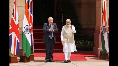 UK PM Boris Johnson with his Indian counterpart, Narendra Modi, at Hyderabad House in New Delhi on Friday, April 22, 2022. (Bloomberg) UK PM Boris Johnson with his Indian counterpart, Narendra Modi, at Hyderabad House in New Delhi on Friday, April 22, 2022. (Bloomberg)