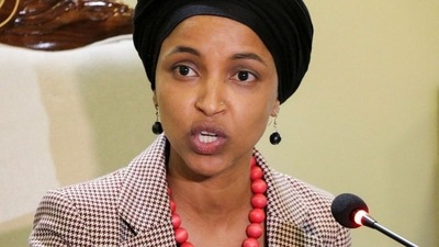 US Representative Ilhan Omar speaks to the media during her visit to Muzaffarabad, Pakistan-occupied Kashmir, Pakistan. (REUTERS)