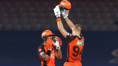 Aiden Markram and Nicholas Pooran of Sunrisers Hyderabad after winning their IPL 2022 match against Punjab Kings (PTI) Aiden Markram and Nicholas Pooran of Sunrisers Hyderabad after winning their IPL 2022 match against Punjab Kings (PTI)