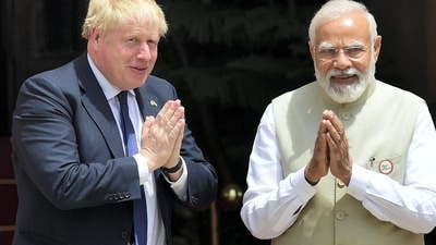New Delhi: Prime Minister Narendra Modi and British Prime Minister Boris Johnson prior to their meeting at Hyderabad House, in New Delhi. (PTI) New Delhi: Prime Minister Narendra Modi and British Prime Minister Boris Johnson prior to their meeting at Hyderabad House, in New Delhi. (PTI)