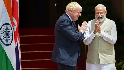 Prime Minister Narendra Modi and British Prime Minister Boris Johnson prior to their meeting at Hyderabad House, in New Delhi. (PTI) Prime Minister Narendra Modi and British Prime Minister Boris Johnson prior to their meeting at Hyderabad House, in New Delhi. (PTI)