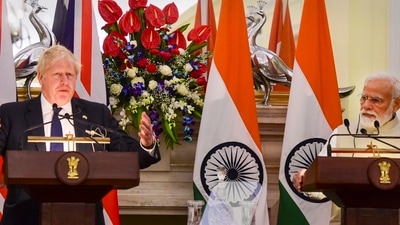 New Delhi: Prime Minister Narendra Modi and British Prime Minister Boris Johnson during the release of a joint statement after their meeting, at Hyderabad House, in New Delhi. (PTI) New Delhi: Prime Minister Narendra Modi and British Prime Minister Boris Johnson during the release of a joint statement after their meeting, at Hyderabad House, in New Delhi. (PTI)