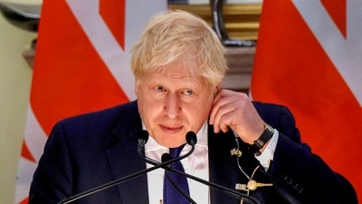 New Delhi: British Prime Minister Boris Johnson during the joint statement with Prime Minister Narendra Modi (unseen) at the Hyderabad House, in New Delhi,�Friday, April 22, 2022. (PTI Photo/ Manvender Vashist) (PTI04_22_2022_000180A) (PTI)