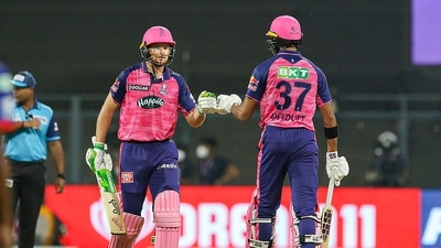 Jos Buttler of Rajasthan Royals and Devdutt Padikkal of Rajasthan Royals during the 34th T20 cricket match of the Indian Premier League 2022 (PTI) Jos Buttler of Rajasthan Royals and Devdutt Padikkal of Rajasthan Royals during the 34th T20 cricket match of the Indian Premier League 2022 (PTI)