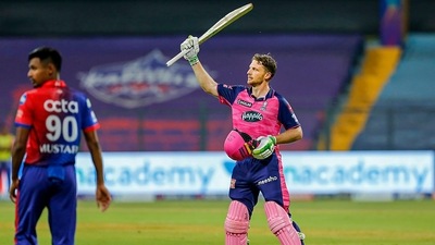 Jos Buttler of Rajasthan Royals celebrates after scoring a hundred during the 34th T20 cricket match of the Indian Premier League 2022 (PTI) Jos Buttler of Rajasthan Royals celebrates after scoring a hundred during the 34th T20 cricket match of the Indian Premier League 2022 (PTI)