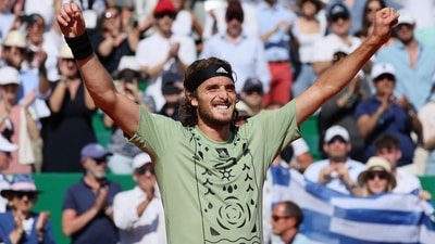 Monte Carlo Masters - Monte-Carlo Country Club, Roquebrune-Cap-Martin, France - April 17, 2022 Greece's Stefanos Tsitsipas celebrates&nbsp; (REUTERS)
