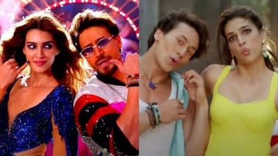 Left- Kriti Sanon and Tiger Shroff in Whistle Baja 2.0 from Heropanti 2. Right- Tiger Shroff and Kriti Sanon in Whistle Baja from Heropanti. Left- Kriti Sanon and Tiger Shroff in Whistle Baja 2.0 from Heropanti 2. Right- Tiger Shroff and Kriti Sanon in Whistle Baja from Heropanti.