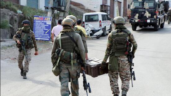 Security personnel conduct search operations after an encounter with terrorists in Jammu. (ANI Photo)