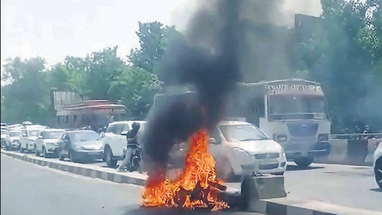 The rider, Bikram Saini of Sector 32, Chandigarh Road, was on his way to Dholewal Chowk from Gill Road around midday when the mishap took place. (Harvinder Singh/ HT)