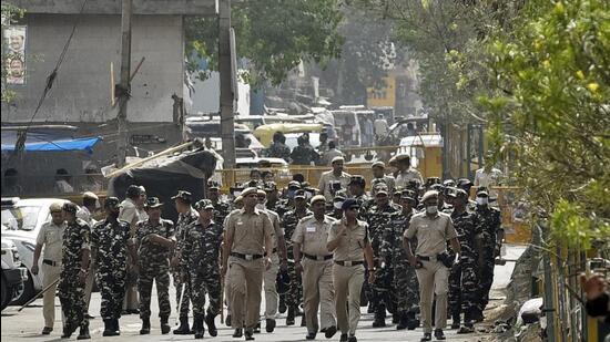 Police personnel deployed in Jahangirpuri, on Friday, April 22, 2022. (Sanjeev Verma/HT)